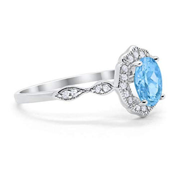 Antique Style Wedding Ring Oval Simulated Aquamarine CZ 925 Sterling Silver